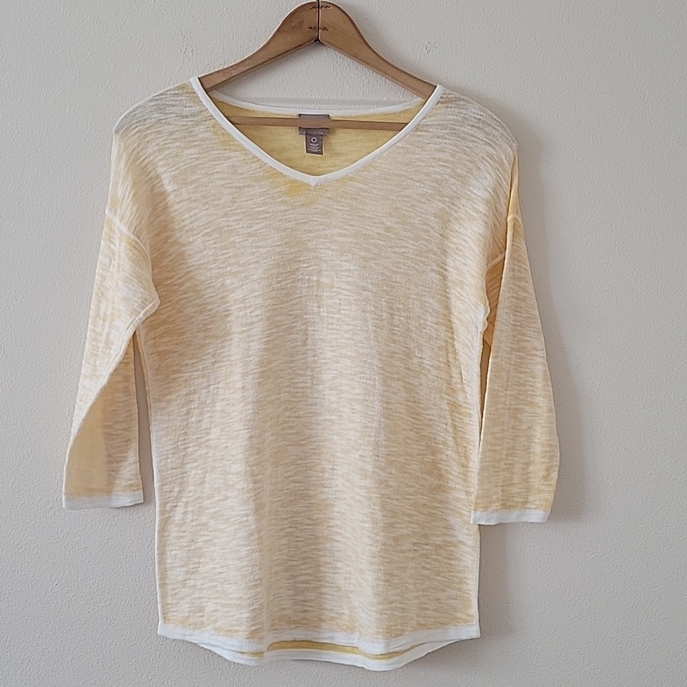 Chico's Yellow White Vneck Lightweight Burnout Sweater‎ Size Small/4